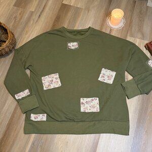 Upcycled Cottagecore Olive Green Pullover Sweatshirt with Vintage Patches